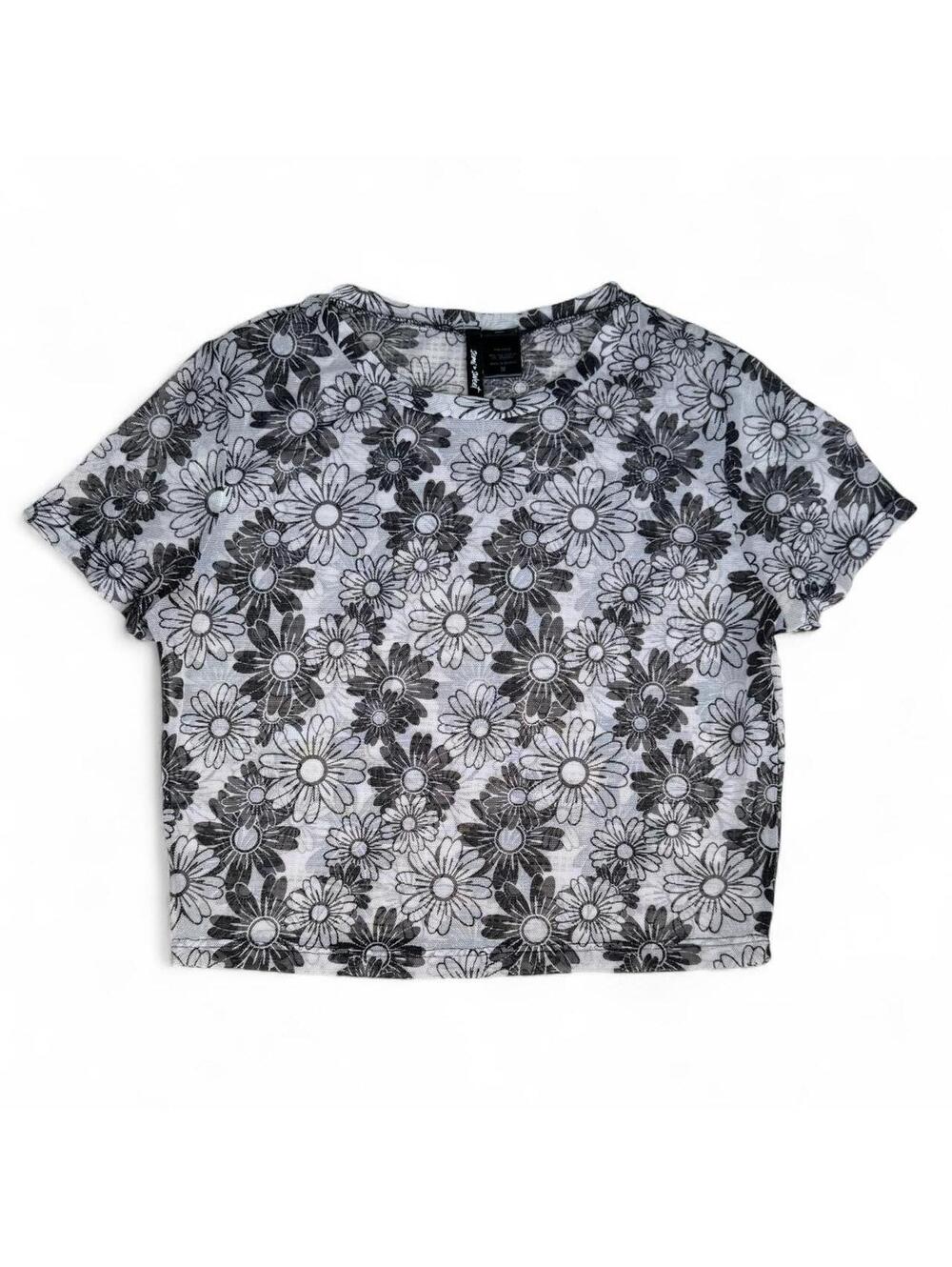 Just in Time Inspired Black & White Y2K Mesh Floral Clubwear Rave Top Size M
